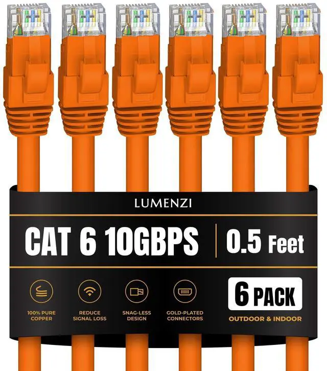 Main image of Lumenzi Cat 6 Ethernet Cable 0.5 FT in Orange 6 Pack 10 Gbps Speed Network  Short Round Rj45 Outdoor  Indoor Direct Burial Bare Copper LAN Patch Cable for Router Gaming  PS5 XBOX Printer Computer CCTV