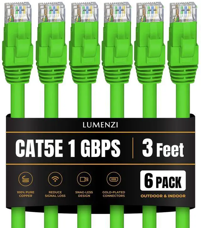 Main image of Lumenzi Cat 5e Ethernet Cable 3 FT in Green 6 Pack 1 Gbps Speed Network Short Round Rj45 Outdoor Indoor Direct Burial Bare Copper LAN Patch Cable for Router Gaming PS5 XBOX Printer Computer CCTV
