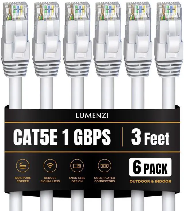 Main image of Lumenzi Cat 5e Ethernet Cable 3 FT in White 6 Pack 1 Gbps Speed Network Short Round Rj45 Outdoor Indoor Direct Burial Bare Copper LAN Patch Cable for Router Gaming PS5 XBOX Printer Computer CCTV