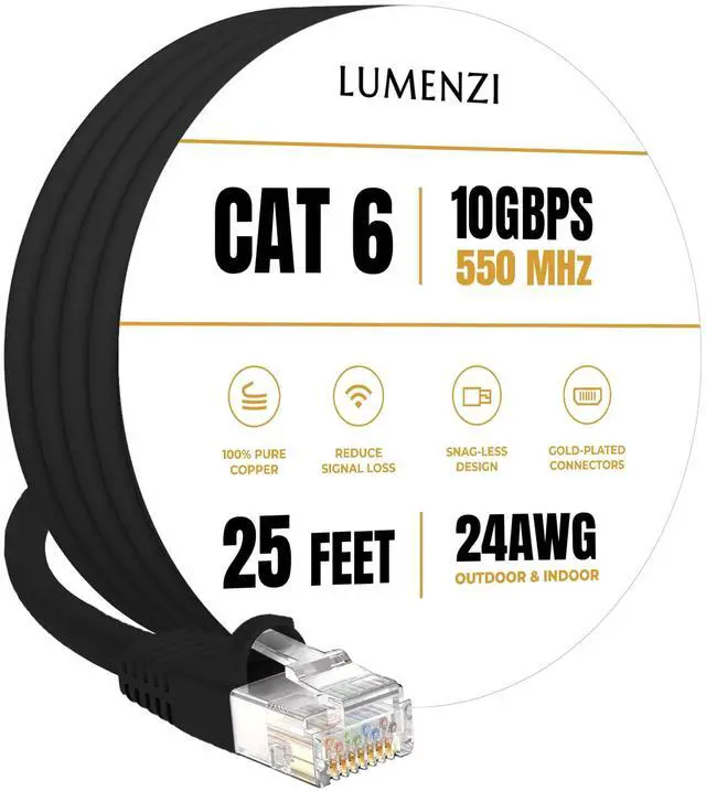 Main image of Lumenzi Cat 6 Ethernet Cable 25 FT in Black 10 Gbps Speed Network Long Round Rj45 Outdoor Indoor Direct Burial Bare Copper LAN Patch Cable for Router Gaming PS5 XBOX Printer Computer CCTV Switch
