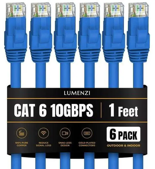 Main image of Lumenzi Cat 6 Ethernet Cable 1 FT in Blue 6 Pack 10 Gbps Speed Network Short Round Rj45 Outdoor Indoor Direct Burial Bare Copper LAN Patch Cable for Router Gaming PS5 XBOX Printer Computer CCTV Switch