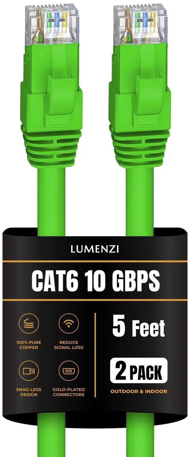 Main image of Lumenzi Cat 6 Ethernet Cable 7 FT in Green 2 Pack 10 Gbps Speed Network Round Rj45 Outdoor Indoor Direct Burial Bare Copper LAN Patch Cable for Router Gaming PS5 XBOX Printer Computer CCTV Switch