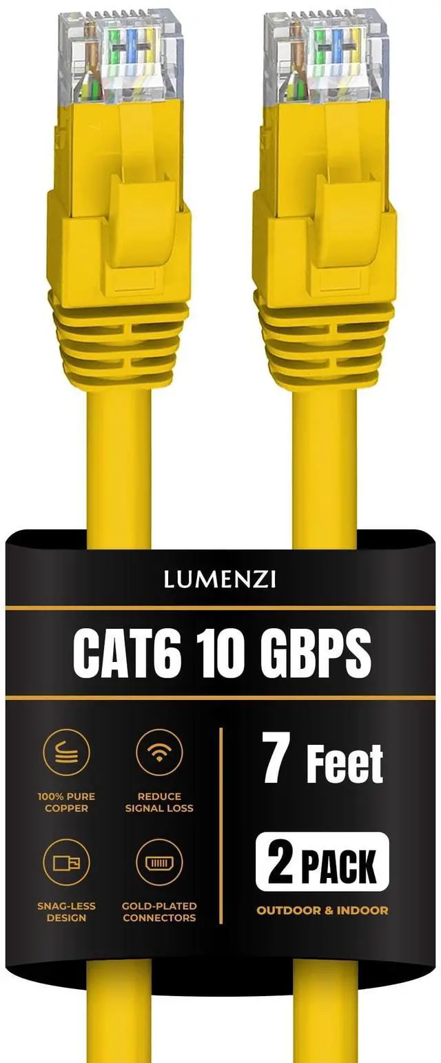 Main image of Cat 6 Ethernet Cable 7 FT in Yellow 2 Pack  10 Gbps Speed Network  Round Rj45 Outdoor  Indoor  Direct Burial Bare Copper LAN Patch Cable for Router  Gaming  PS5 XBOX Printer Computer CCTV  Switch