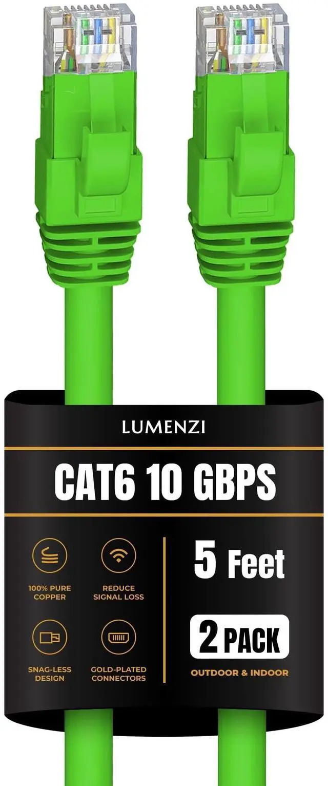 Main image of Lumenzi Cat 6 Ethernet Cable 5 FT in Green 2 Pack 10 Gbps Speed Network Round Rj45 Outdoor Indoor Direct Burial Bare Copper LAN Patch Cable for Router Gaming PS5 XBOX Printer Computer CCTV Switch