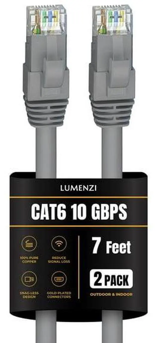 Main image of Lumenzi Cat 6 Ethernet Cable 7 FT in Grey 2 Pack 10 Gbps Speed Network Round Rj45 Outdoor Indoor Direct Burial Bare Copper LAN Patch Cable for Router Gaming PS5 XBOX Printer Computer CCTV Switch