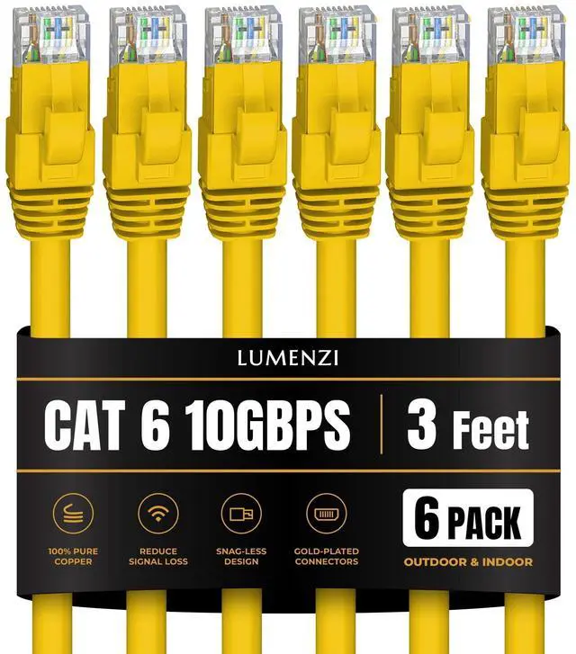 Main image of Lumenzi Cat 6 Ethernet Cable 3 FT in Yellow 6 Pack 10 Gbps Speed Network Short Round Rj45 Outdoor Indoor Direct Burial Bare Copper LAN Patch Cable for Router Gaming PS5 XBOX Printer Computer CCTV