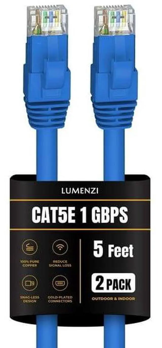 Main image of Lumenzi Cat 5e Ethernet Cable 5 FT in Blue 2 Pack 1 Gbps Speed Network Round Rj45 Outdoor Indoor Direct Burial Bare Copper LAN Patch Cable for Router Gaming PS5 XBOX Printer Computer CCTV Switch