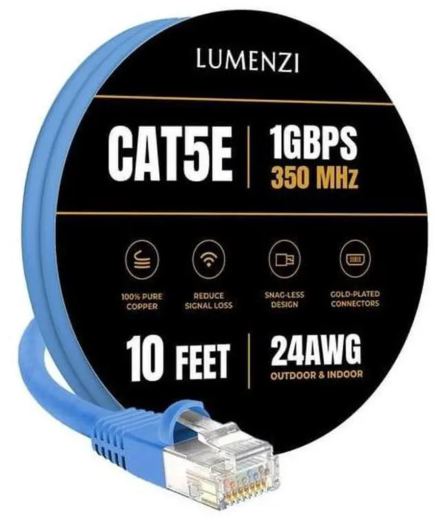 Main image of Lumenzi Cat 5e Ethernet Cable 10 FT in Blue 1 Gbps Speed Network Long Round Rj45 Outdoor Indoor Direct Burial Bare Copper LAN Patch Cable for Router Gaming PS5 XBOX Printer Computer CCTV Switch