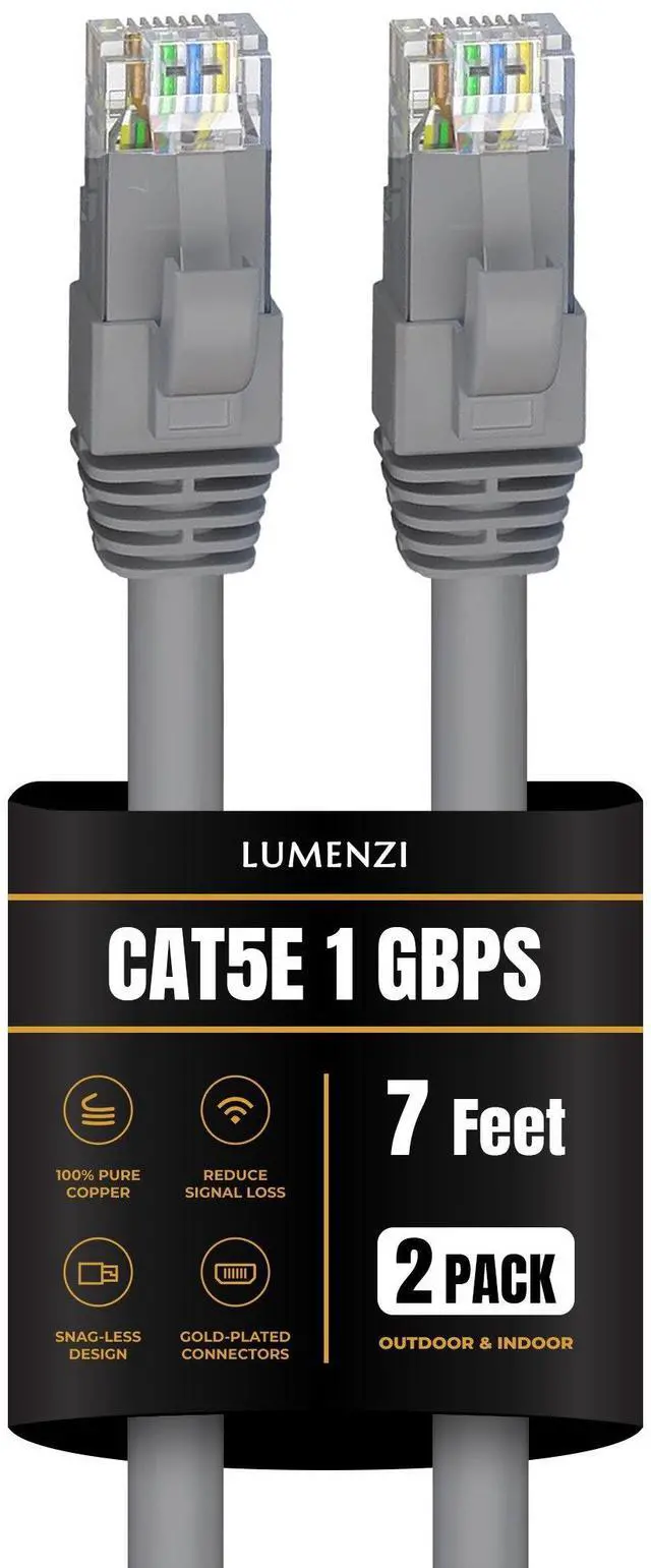 Main image of Lumenzi Cat 5e Ethernet Cable 7 FT in Grey 2 Pack 1 Gbps Speed Network Round Rj45 Outdoor Indoor Direct Burial Bare Copper LAN Patch Cable for Router Gaming PS5 XBOX Printer Computer CCTV Switch