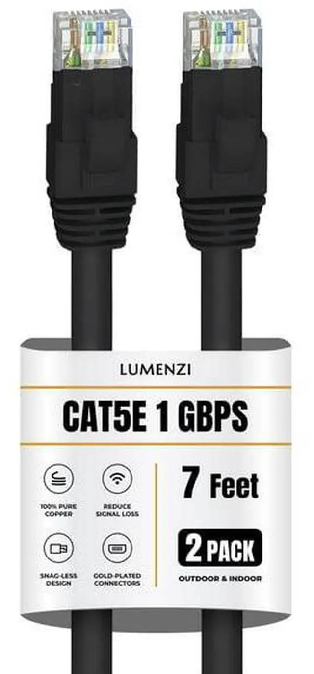 Main image of Lumenzi Cat 5e Ethernet Cable 7 FT in Black 2 Pack 1 Gbps Speed Network Round Rj45 Outdoor Indoor Direct Burial Bare Copper LAN Patch Cable for Router Gaming PS5 XBOX Printer Computer CCTV Switch