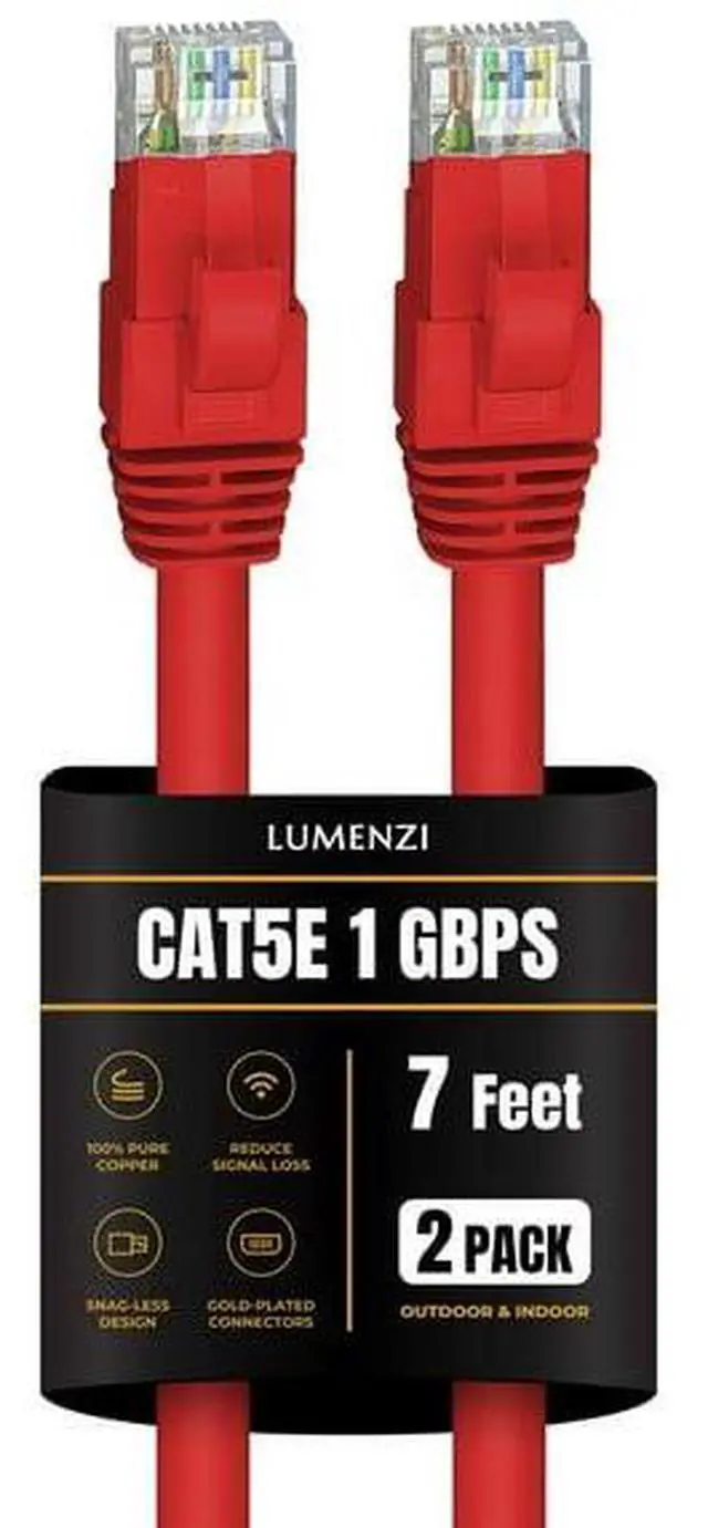 Main image of Lumenzi Cat 5e Ethernet Cable 7 FT in Red 2 Pack 1 Gbps Speed Network Round Rj45 Outdoor Indoor Direct Burial Bare Copper LAN Patch Cable for Router Gaming PS5 XBOX Printer Computer CCTV Switch