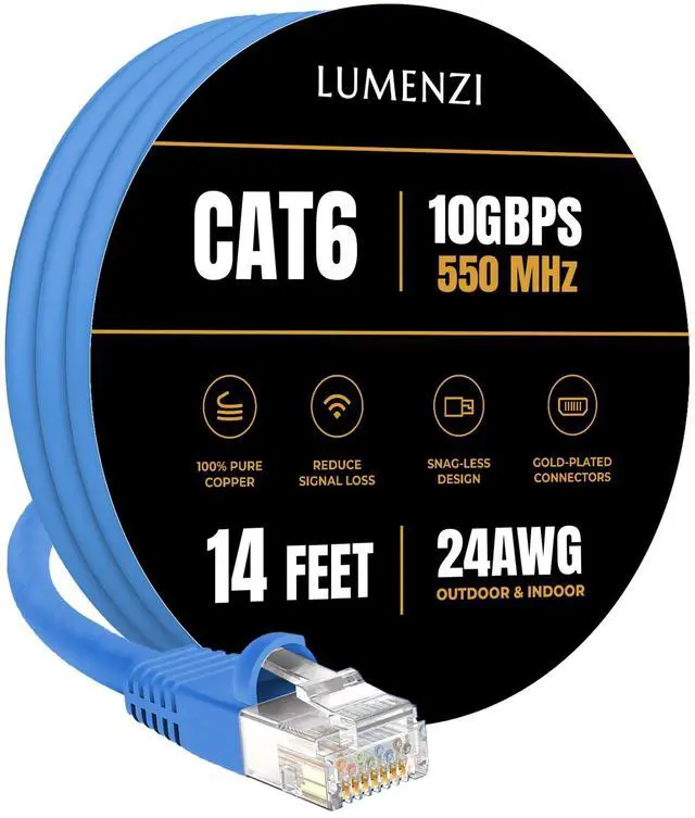 Main image of Lumenzi Cat 6 Ethernet Cable 14 FT in Blue 10 Gbps Speed Network Long Round Rj45 Outdoor Indoor Direct Burial Bare Copper LAN Patch Cable for Router Gaming PS5 XBOX Printer Computer CCTV Switch