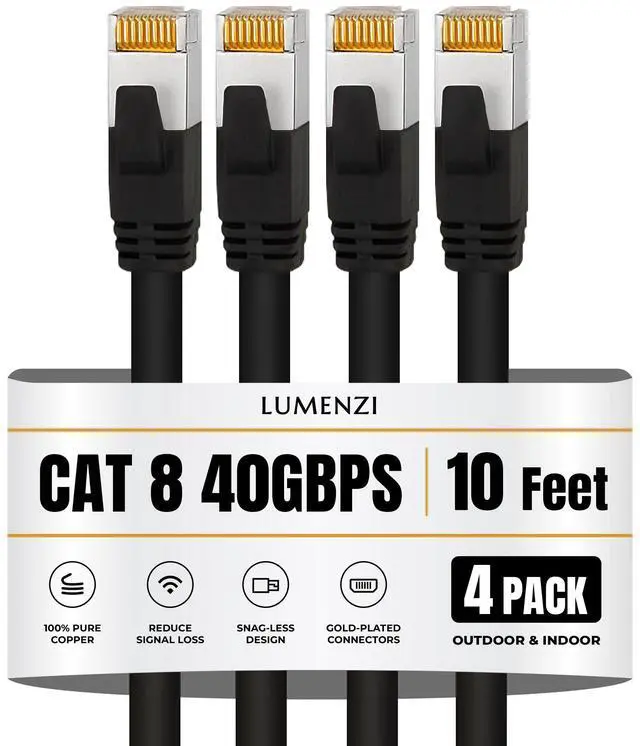 Main image of Cat8 Round Ethernet Cable 10ft, 4 Pc Pack, 40Gbps 2000MHz Network Patch Cord, S/FTP Shielded LAN Cable with RJ45 Connectors, for Gaming, Router, Modem, Laptop
