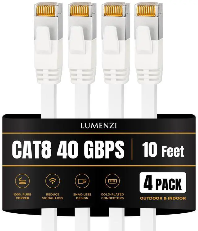 Main image of Lumenzi Cat8 Flat Ethernet Cable 10ft, 4 Pc Pack, 40Gbps 2000MHz Network Patch Cord, S/FTP Shielded LAN Cable with RJ45 Connectors, for Gaming, Router, Modem, Laptop