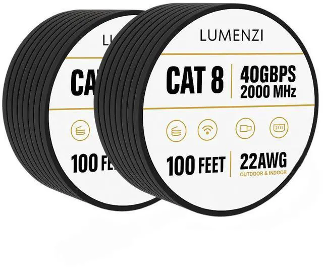 Main image of Cat8 Flat Ethernet Cable 100ft, 2 Pc Pack, 40Gbps 2000MHz Network Patch Cord, S/FTP Shielded LAN Cable, for Gaming, Router, Modem, Laptop