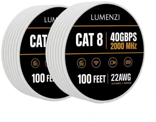 Main image of Cat8 Round Ethernet Cable 100ft, 2 Pc Pack, 40Gbps 2000MHz Network Patch Cord, S/FTP Shielded LAN Cable, for Gaming, Router, Modem, Laptop