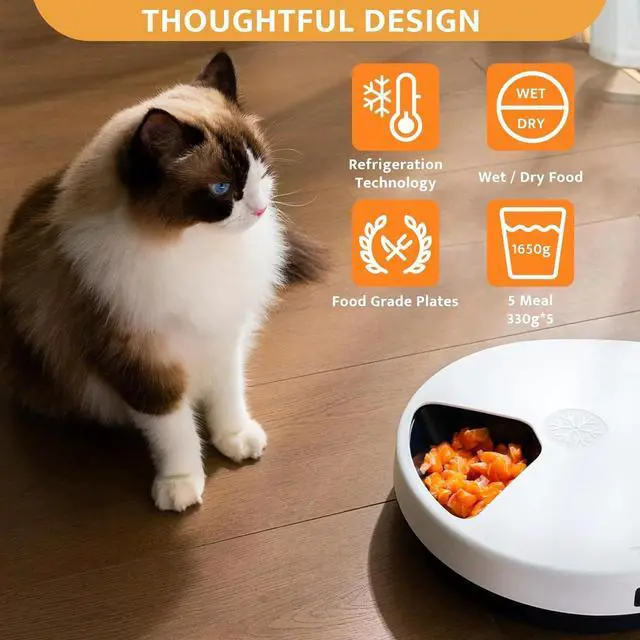Alt view image 4 of 7 - UBPet Cat Wet Food Automatic Feeder with Cooling, Semiconductor Refrigeration, with Timer, 5 Food Compartments for 330g Pet Food Each, Premium Meal Plates, Washable, for Cats