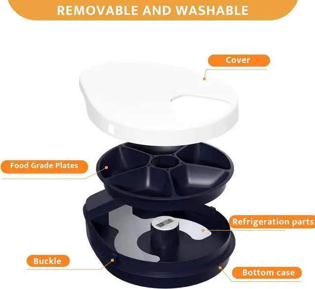 Alt view image 7 of 7 - UBPet Cat Wet Food Automatic Feeder with Cooling, Semiconductor Refrigeration, with Timer, 5 Food Compartments for 330g Pet Food Each, Premium Meal Plates, Washable, for Cats