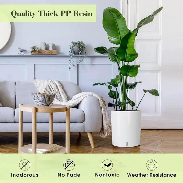 Alt view image 3 of 7 - SAROSORA Large Round Self Watering Planter Pot 12.5'' 2-Pack for Home Garden Patio Tall Tree(White,2-Pack)