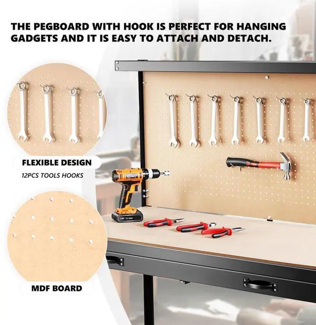 Alt view image 2 of 7 - LOYISIKE US Stock Tools Cabinet Worktable Tool Storage Workshop Table Workbench Pegboard