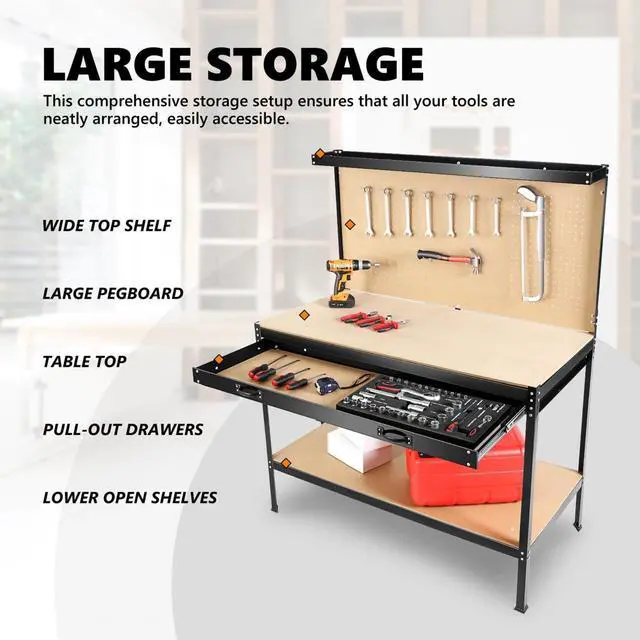 Alt view image 7 of 7 - LOYISIKE US Stock Tools Cabinet Worktable Tool Storage Workshop Table Workbench Pegboard
