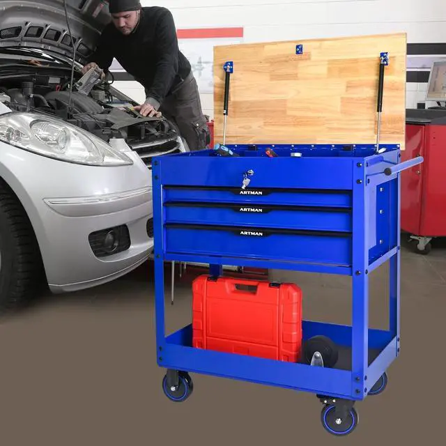 Alt view image 4 of 7 - LOYISIKE US Stock 3 Drawer Rolling Tool Storage Cabinet Multifunction Tool Chest Wood Top