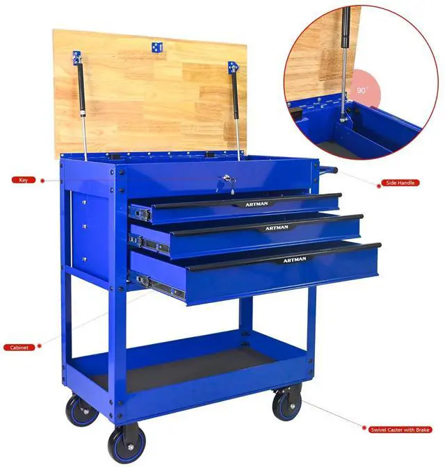 Alt view image 7 of 7 - LOYISIKE US Stock 3 Drawer Rolling Tool Storage Cabinet Multifunction Tool Chest Wood Top