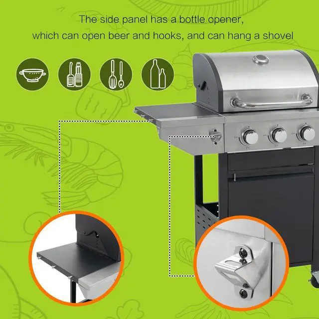 Alt view image 6 of 7 - LOYISIKE US Stock Stainless Steel Gas Grill Propane Grill 3 Burner Barbecue Patio Grill