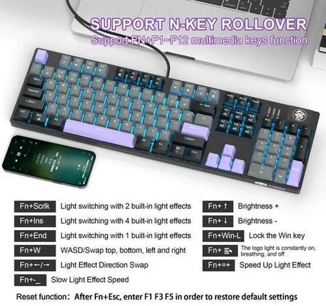 Alt view image 4 of 6 - Mechanical Gaming Keyboard, Wired USB RGB Backlit Keyboard, 104-Key 100% Anti...