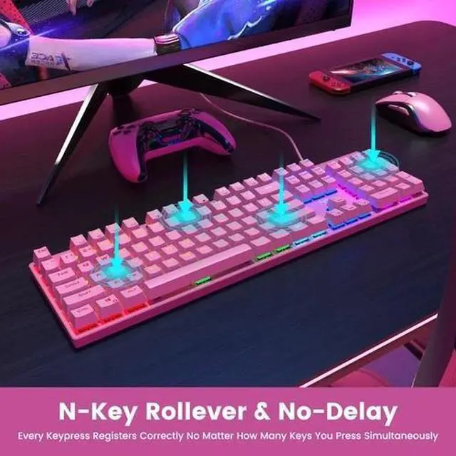 Alt view image 5 of 7 - Mechanical Gaming Keyboard, RGB 104 Keys Ultra-Slim Backlit USB Wired...