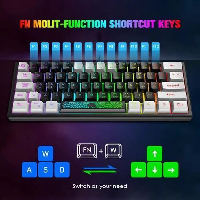 Alt view image 2 of 5 - Mechanical Feel Portable Wired Gaming Keyboard RGB Backlight 62 Keys UK Layout