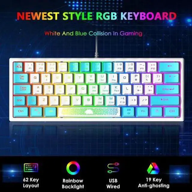 Alt view image 4 of 5 - Mechanical Feel Portable Wired Gaming Keyboard RGB Backlight 62 Keys UK Layout