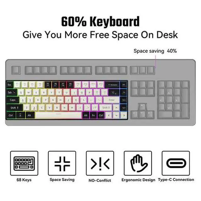 Alt view image 3 of 7 - 60% Mechanical Gaming Keyboard RGB 68 Keys LED Backlit USB Wired Mini Keyboard