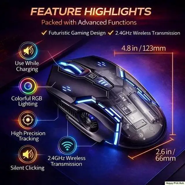 Alt view image 2 of 7 - Wireless Gaming Mouse Silent RGB Rechargeable LED Optical USB Mouse