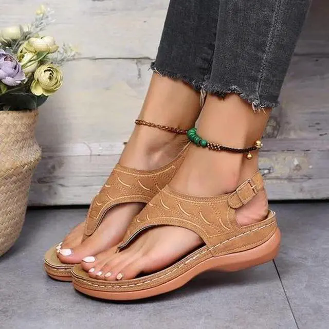 Alt view image 6 of 7 - Low-Wedge Women Orthopedic Sandals Casual Flat Shoes Flip Flops Ladies Anti-Slip
