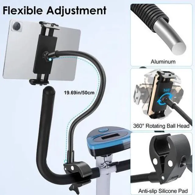 Alt view image 4 of 7 - Tablet Phone Holder for Spin Bike Treadmill 4-13" Devices Gooseneck Clamp Mount
