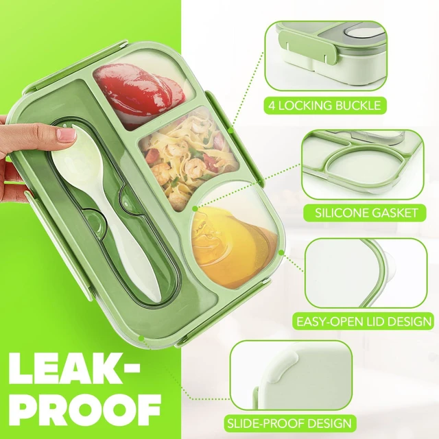 Alt view image 4 of 7 - Bento Box Adult, Lunch Box, 4-Compartment Lunch Containers, Drop-Proof, Dishwasher Safe & Made with BPA-Free Materials (Green)