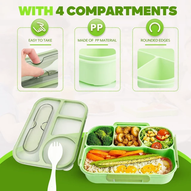 Alt view image 5 of 7 - Bento Box Adult, Lunch Box, 4-Compartment Lunch Containers, Drop-Proof, Dishwasher Safe & Made with BPA-Free Materials (Green)