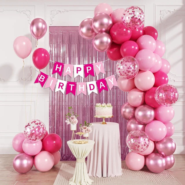Main image of Pink Happy Birthday Decorations with Banner Balloons Foil Curtain Backdrop | Pink Light Hot Metallic Pink Confetti Balloons with Happy Birthday Banner, Foil Curtain, Birthday Decorations