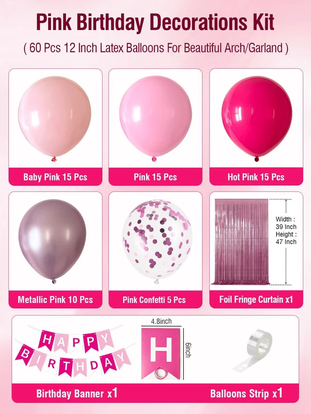 Alt view image 2 of 7 - Pink Happy Birthday Decorations with Banner Balloons Foil Curtain Backdrop | Pink Light Hot Metallic Pink Confetti Balloons with Happy Birthday Banner, Foil Curtain, Birthday Decorations