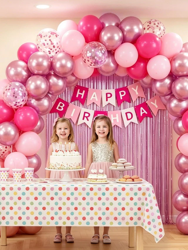 Alt view image 3 of 7 - Pink Happy Birthday Decorations with Banner Balloons Foil Curtain Backdrop | Pink Light Hot Metallic Pink Confetti Balloons with Happy Birthday Banner, Foil Curtain, Birthday Decorations