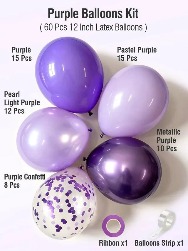 Alt view image 3 of 7 - Purple Balloons 12 Inch 60pcs Metallic Pearl Light Purple Confetti Balloons | with Ribbon and Balloons Tape for Birthday Baby Shower Bridal Shower Wedding Princess Butterfly Party Decorations