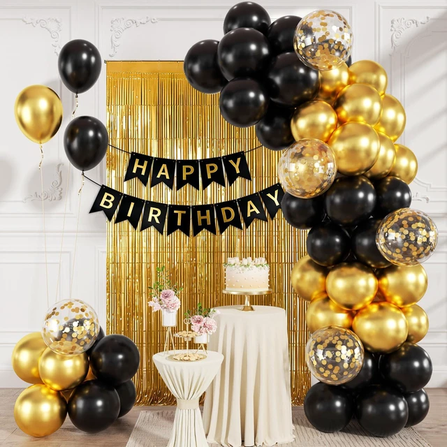 Main image of Black and Gold Happy Birthday Decorations with Banner Balloons Foil Curtain | Black Metallic Gold Confetti Latex Balloons with Happy Birthday Banne, Foil Curtain, Birthday Decorations for Men Women