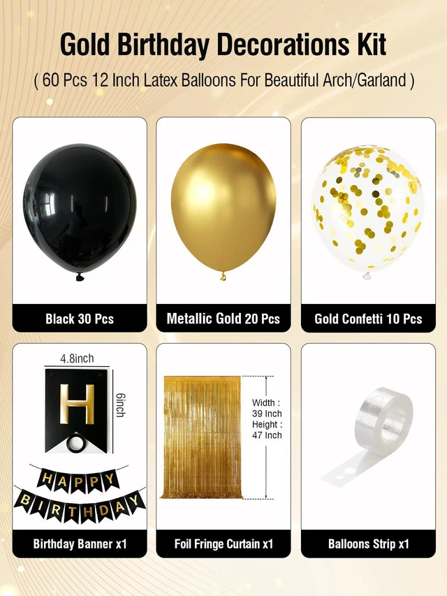 Alt view image 2 of 7 - Black and Gold Happy Birthday Decorations with Banner Balloons Foil Curtain | Black Metallic Gold Confetti Latex Balloons with Happy Birthday Banne, Foil Curtain, Birthday Decorations for Men Women