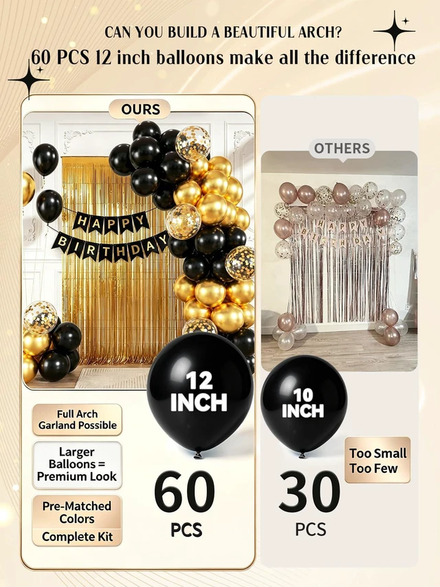 Alt view image 4 of 7 - Black and Gold Happy Birthday Decorations with Banner Balloons Foil Curtain | Black Metallic Gold Confetti Latex Balloons with Happy Birthday Banne, Foil Curtain, Birthday Decorations for Men Women