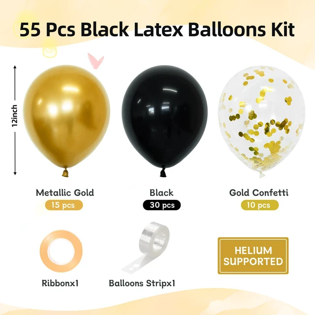 Alt view image 2 of 7 - Black and Gold Balloons 12 Inch 55pcs Metallic Gold Confetti Latex Balloons | Gold and Black balloons for Birthday Graduation Baby Shower New Years Halloween Party Decorations with Ribbon & Balloon