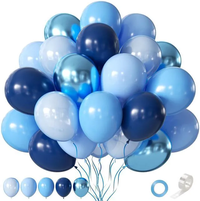 Main image of Blue Balloons 12Inch 60pcs Light Navy Pearl Metallic Blue Latex Balloon Kit | Blue Party Balloons for Boys Birthday Baby Shower Graduation Wedding Party Decorations with Ribbon and Balloons Tape