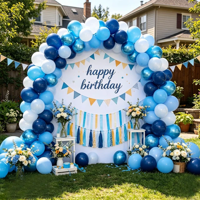 Alt view image 4 of 7 - Blue Balloons 12Inch 60pcs Light Navy Pearl Metallic Blue Latex Balloon Kit | Blue Party Balloons for Boys Birthday Baby Shower Graduation Wedding Party Decorations with Ribbon and Balloons Tape
