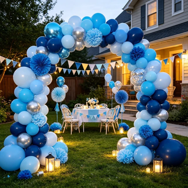 Alt view image 6 of 7 - Blue Balloons 12Inch 60pcs Light Navy Pearl Metallic Blue Latex Balloon Kit | Blue Party Balloons for Boys Birthday Baby Shower Graduation Wedding Party Decorations with Ribbon and Balloons Tape
