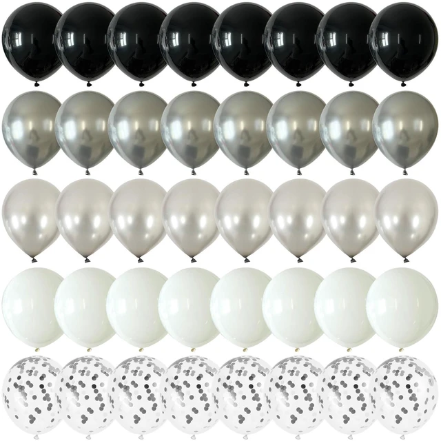 Main image of Black and Silver Balloons 12 Inch 60 Pcs Pearl Silver White Latex Balloons | Metallic Pearl Silver Black White Latex Confetti Balloons with Ribbon & Balloon Tape for Birthday Graduation Party